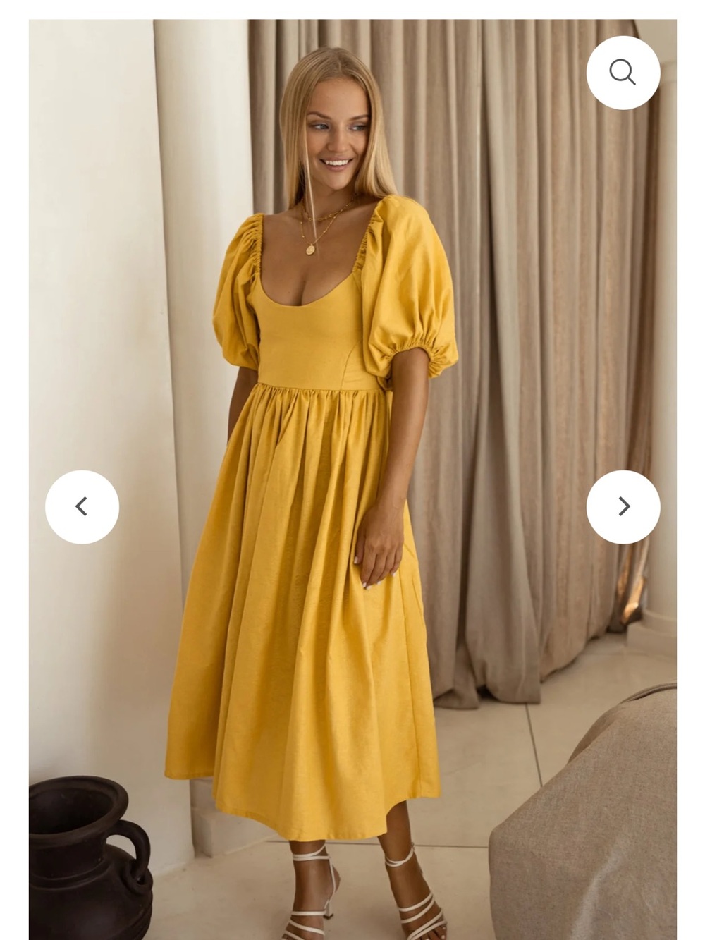 Yellow 100% linen midi Puff Sleeve Dress